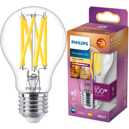 LED žárovka E27 A60 10.5W = 100W 1521lm 2700 Teplá bílá Filament PHILIPS Stmívatelné