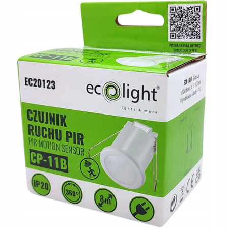 PIR pohybový a soumrakový senzor. zapuštěný 360°. 8m. vnitřní bílý