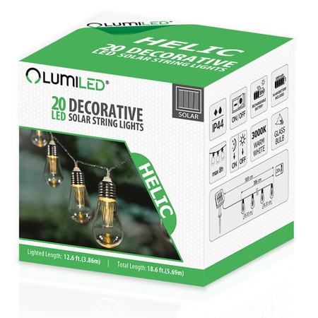LED Solární řetěz, 20x LED Ozdobné Žárovky 5.69m Teplá bílá 3000K HELIC LUMILED