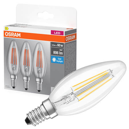 3x LED žárovka B35 svíčka E14 5,9W = 60W 806lm 6500K studená bílá 300° BASE Osram