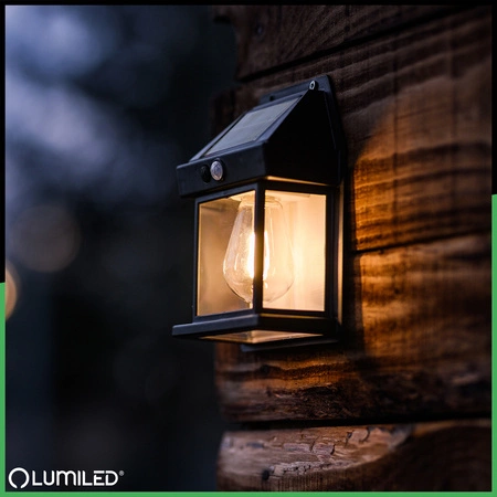 Solární zahradní nástěnná lampa IP44, 3000K snímač pohybu a soumraku DONA LUMILED