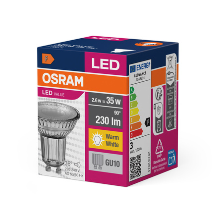 LED PAR16 Reflektor GU10 2,6W = 35W 230lm 2700K Teplá 36° VALUE Osram