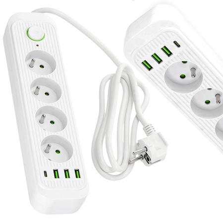 Prodlužovací kabel CONNECTO 4x230V 1,5m 4GN Zemní jistič 4xUSB Bílá Kobi