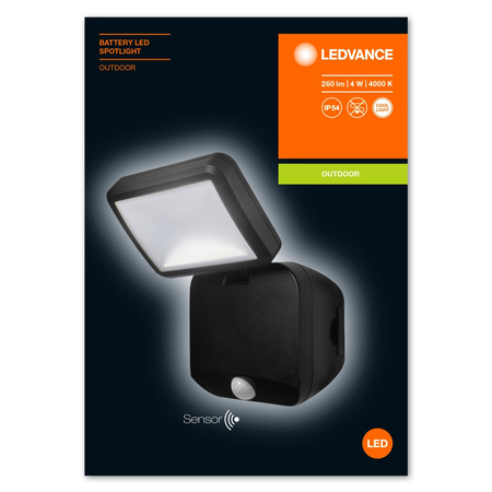 Reflektor LED 4W 260lm 4000K IP54 černý s LEDVANCE SPOTLIGHT Bateriový pohybový senzor