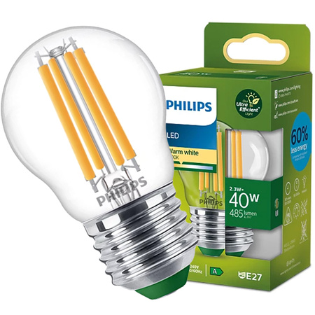 LED žárovka kulová E27 210lm/W P45 2,3W = 40W 485lm 2700K teplá bílá vlákno PHILIPS Ultra Efficient