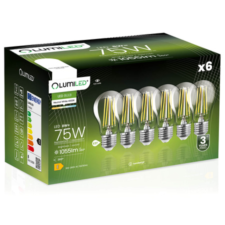 6x LED Žárovka E27 A60 8W = 75W 1055lm 4000K Neutrální bila 360° vlákno LUMILED