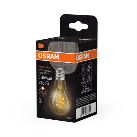 Dekorativní LED žárovka A60 E27 4,9W = 40W 470lm 2200K teplá bílá CRI90 300° Vintage 1906 Osram