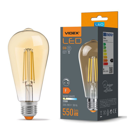E27 ST64 LED žárovka 6W = 44W 550lm 2200K Teplá bílá jantarové vlákno Stmívatelné 360° VIDEX