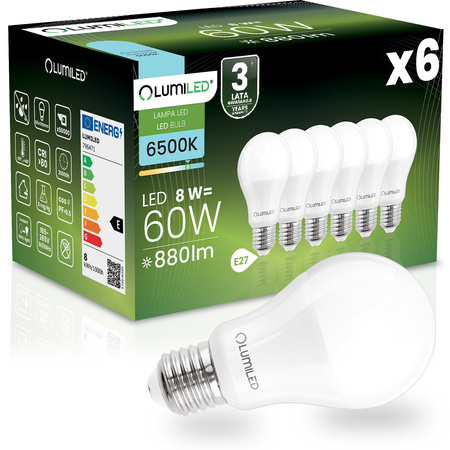 6x LED žárovka E27 A60 8W = 60W 880lm 6500K studená bílá 260° LUMILED