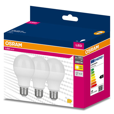 3x LED žárovka E27 A60 19W = 150W 2452lm 2700K Výhřevnost 200° OSRAM HODNOTA