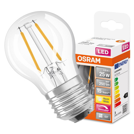 LED žárovka E27 P45 2,8W = 25W 250lm 2700K 320° stmívatelná vlákno OSRAM SUPER STAR
