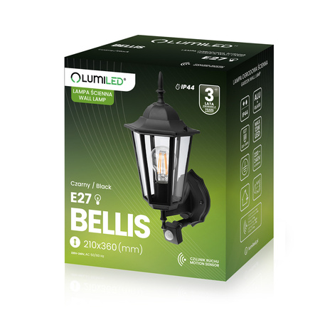 Zahradní nástěnná lampa snímač pohybu, E27 lucerna Černá BELLIS LUMILED