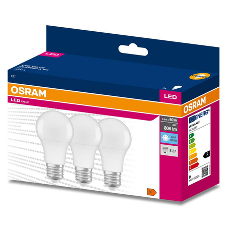3x LED žárovka E27 A60 8.5W = 60W 806lm 4000K neutrální bílá 200° OSRAM HODNOTA