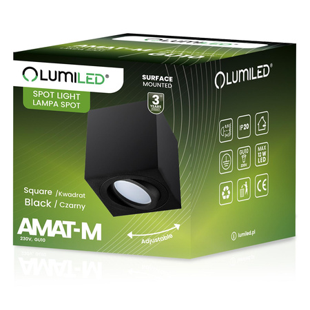 Povrchové Halogenové svítidlo GU10, 84mm Nastavitelná Čtvercová Černá AMAT-M LUMILED