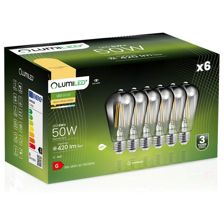 6x Žárovka LED Edison E27, ST64 6W = 50W 420lm 2200K Teplá bílá 360° Filament Smokey LUMILED