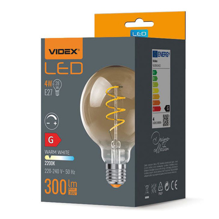 LED žárovka E27 G95 4W = 28W 300lm 2200K Teplá bílá jantarové vlákno Stmívatelné 360° VIDEX