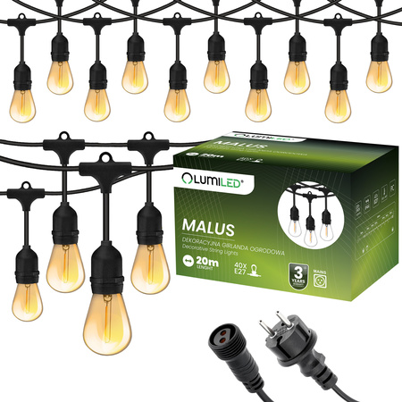 Venkovní řetěz 20m, 40x E27 Žárovky 1.3W 2200K MALUS LUMILED