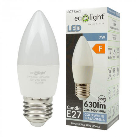 LED žárovka svíčka B37 E27 7W 630lm 6500K studená bílá Ecolight