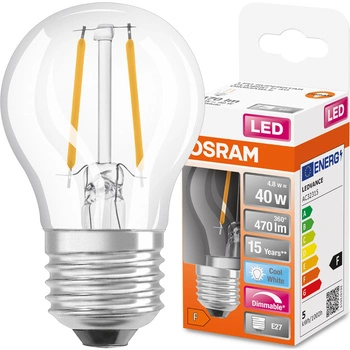 LED žárovka E27 P45 CL 4,8W = 40W 470lm 4000K Neutrální 320° Stmívatelné vlákno OSRAM SUPER STAR